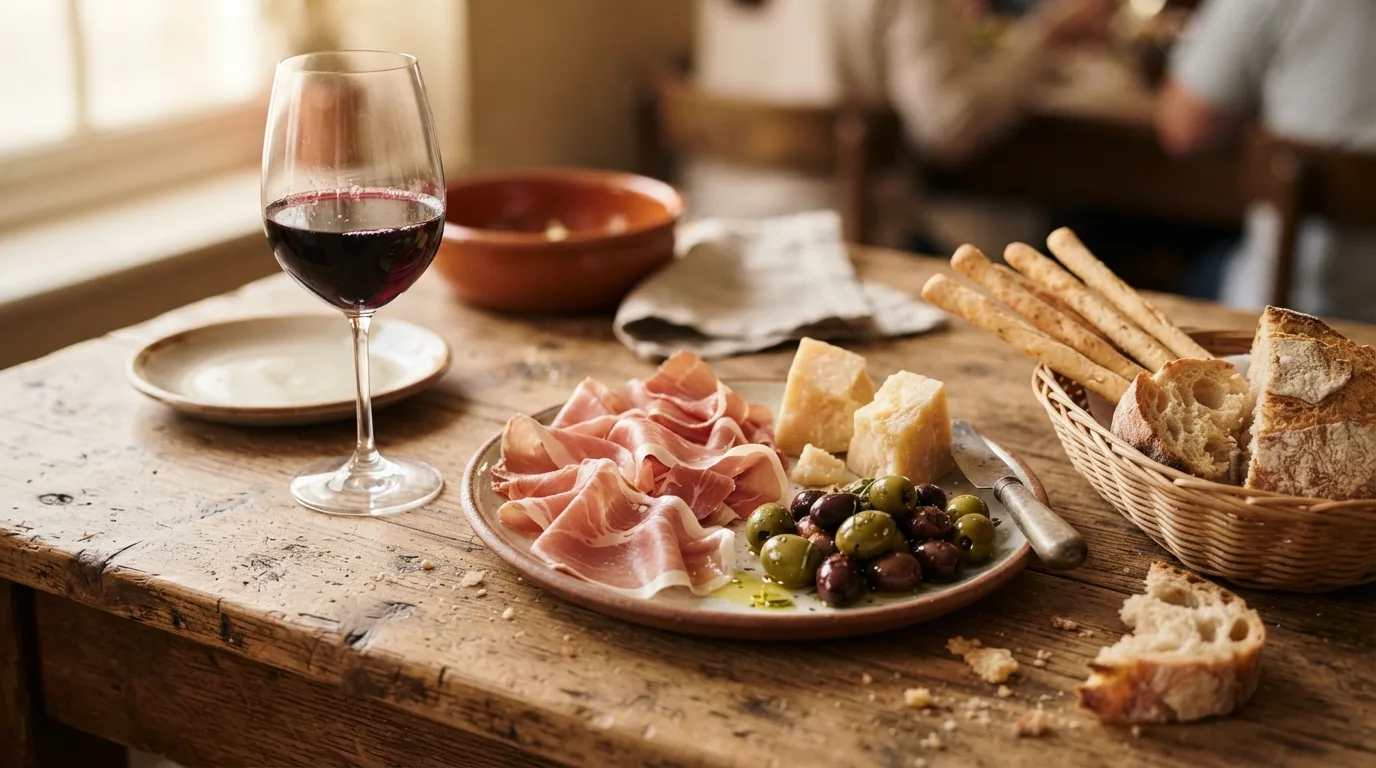 Ilustrační obrázek - italské antipasti a víno (ilustrační)