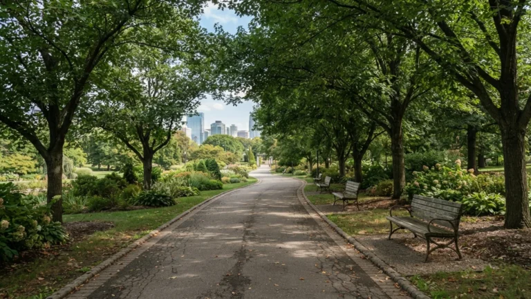 Městský park se stromořadím a lavičkami