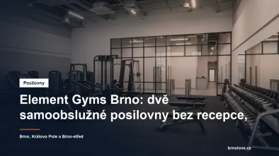 Prostorná posilovna s řadou silových strojů a stojanem s jednoručkami u prosklené stěny