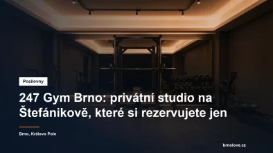 Malé privátní fitness studio s multipressem, lavicí a stojanem jednoručních činek, bez lidí