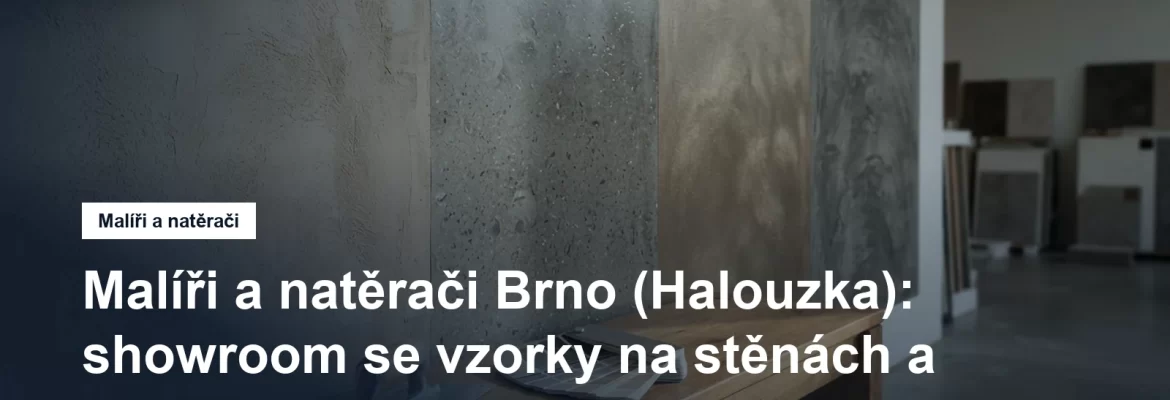 Stěna showroomu s ukázkami dekorativních stěrek a pohledového betonu nanesenými přímo na omítce, vedle nich hladítko a vzorník odstínů