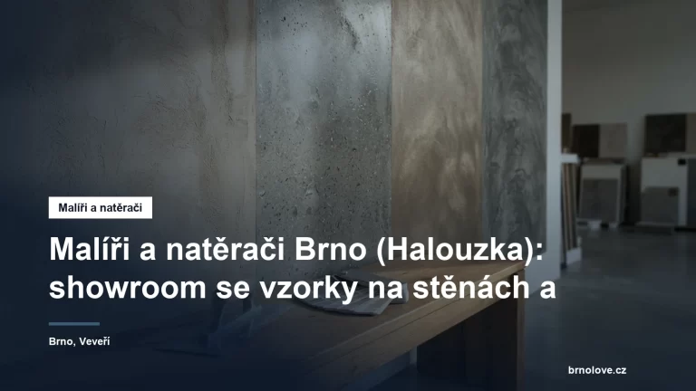 Stěna showroomu s ukázkami dekorativních stěrek a pohledového betonu nanesenými přímo na omítce, vedle nich hladítko a vzorník odstínů