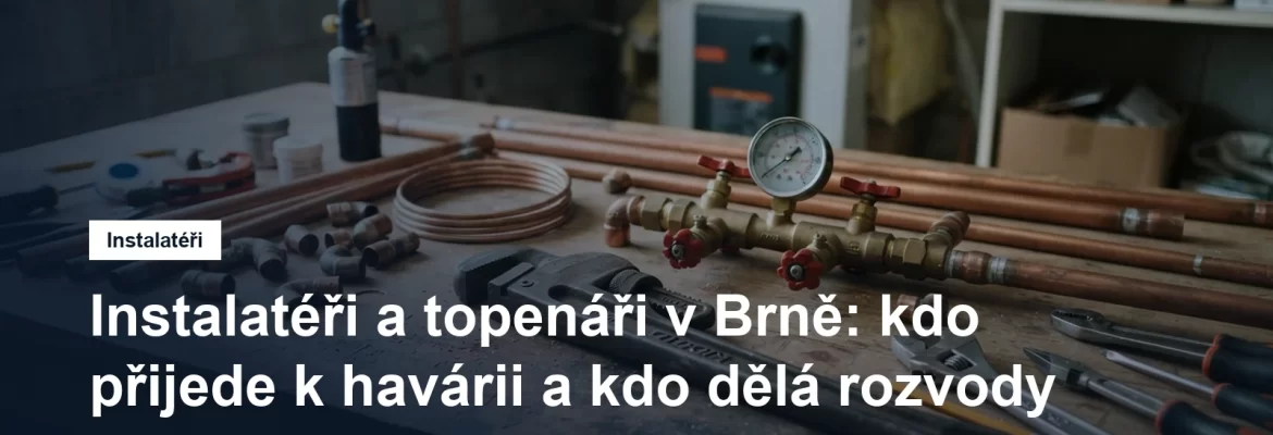 Nářadí instalatéra a měděné trubky na pracovním stole v technické místnosti