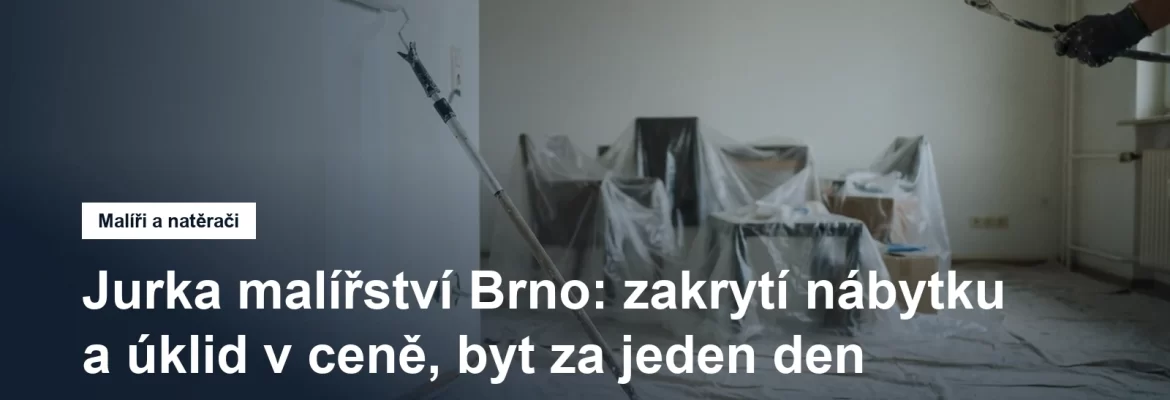 Malíř natírá válečkem na teleskopické tyči stěnu pokoje, nábytek uprostřed místnosti je zakrytý fólií a podlaha plachtou