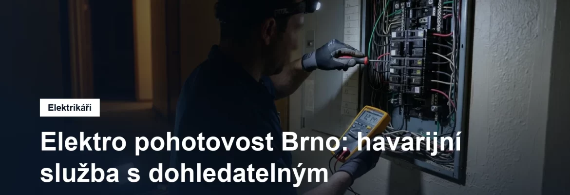 Elektrikář opravuje domovní rozvaděč při noční poruše, svítí čelovkou do rozvodné skříně