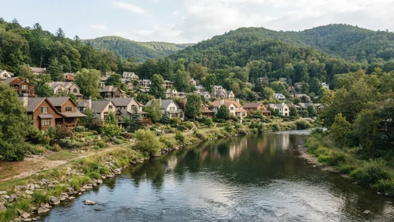 Zástavba u řeky s lesnatými svahy