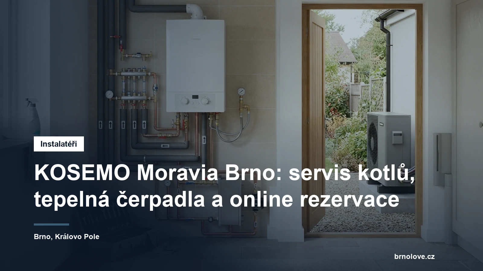 Nástěnný plynový kondenzační kotel a venkovní jednotka tepelného čerpadla v technické místnosti rodinného domu