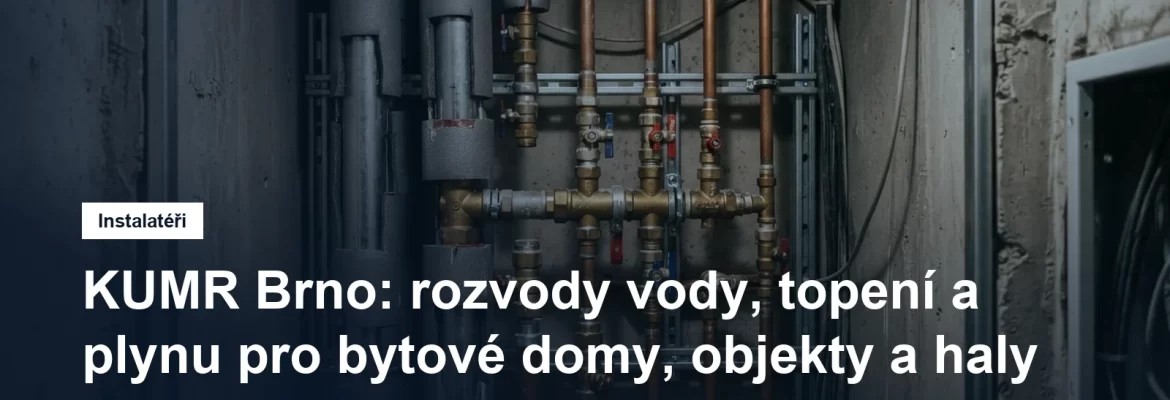 Svislé stoupačky vody a topení v instalační šachtě bytového domu, měděné a ocelové potrubí s tepelnou izolací a rozdělovačem