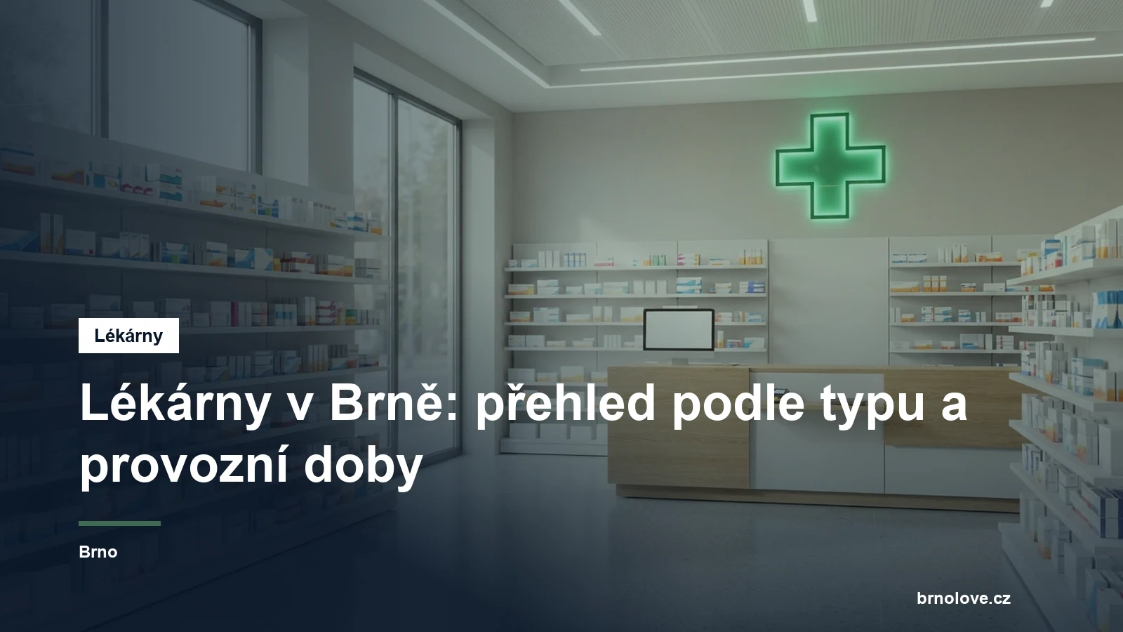 Interiér lékárny s regály a zeleným křížem