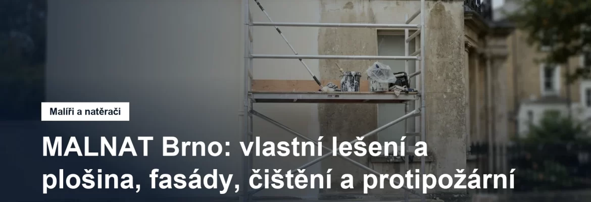 Hliníková pojízdná plošina u čerstvě natřené fasády činžovního domu, na plošině váleček na teleskopické tyči a zakryté kbelíky