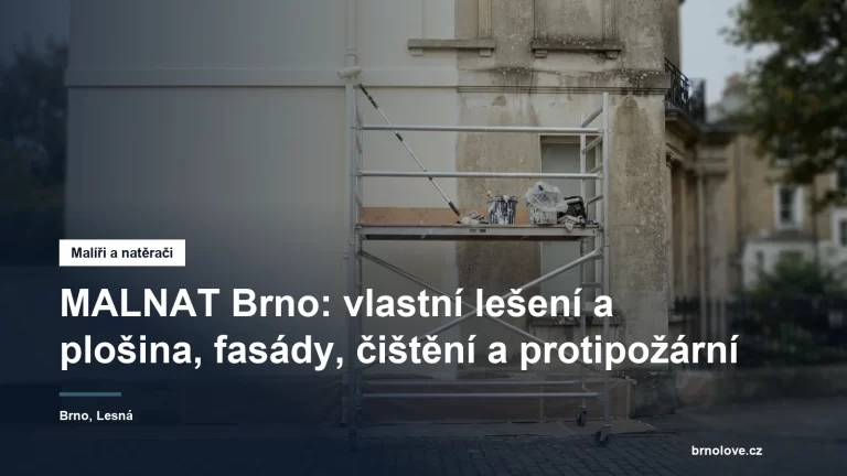 Hliníková pojízdná plošina u čerstvě natřené fasády činžovního domu, na plošině váleček na teleskopické tyči a zakryté kbelíky
