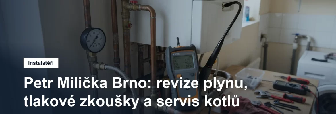 Revizní technik s měřicím přístrojem u plynového kotle v technické místnosti rodinného domu