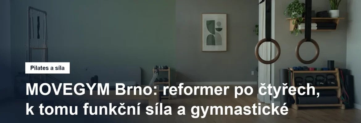 Malý cvičební sál s reformerem a gymnastickými kruhy, bez lidí