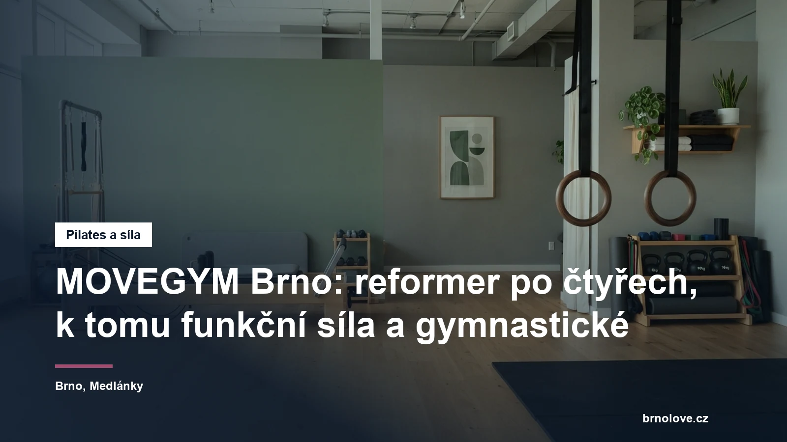 Malý cvičební sál s reformerem a gymnastickými kruhy, bez lidí