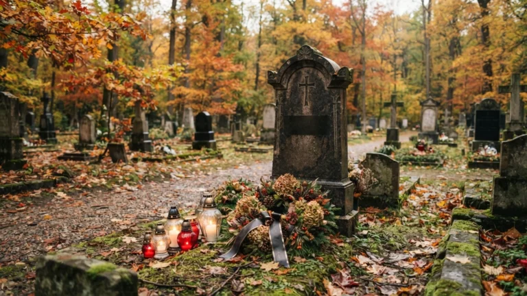 Svíčky a věnec na podzimním hřbitově