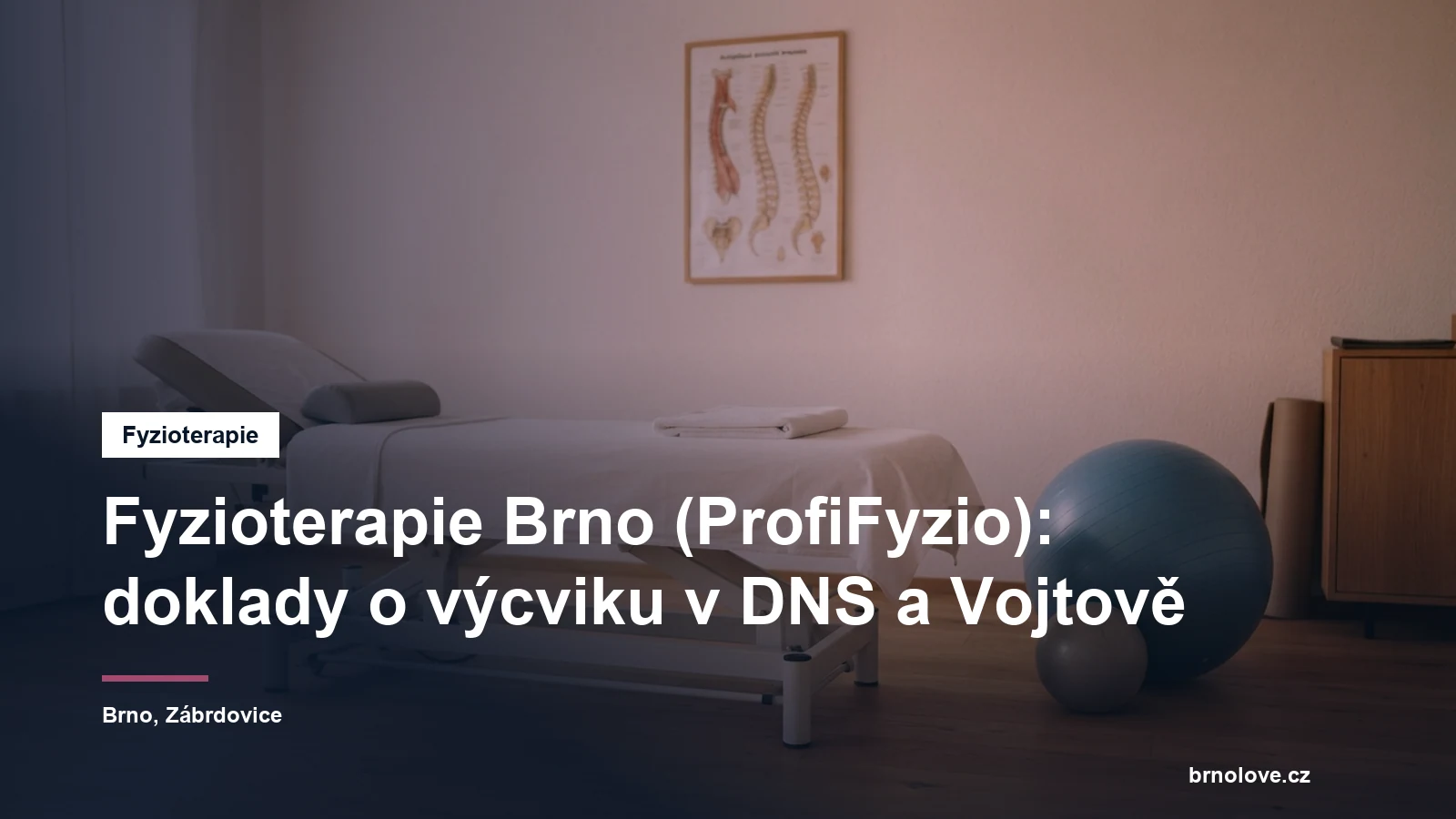 Světlá ordinace fyzioterapie s lehátkem, gymnastickým míčem a overballem, na stěně anatomický plakát páteře