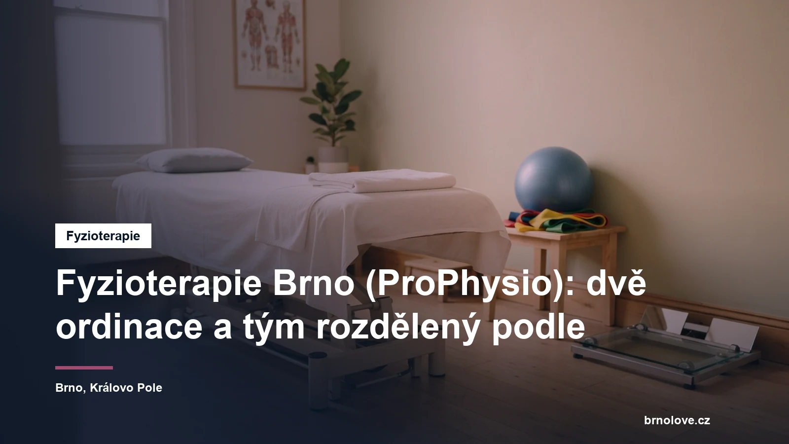 Fyzioterapeutická ordinace s lehátkem, na stolku overball a therabandy, u stěny podoskop na vyšetření chodidla