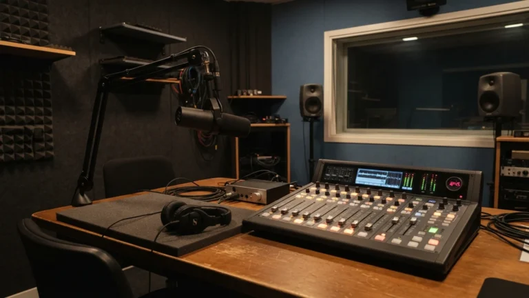 Rozhlasové studio s mikrofonem