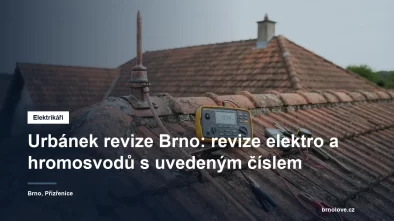 Revizní technik s měřicím přístrojem u jímací tyče hromosvodu na střeše rodinného domu