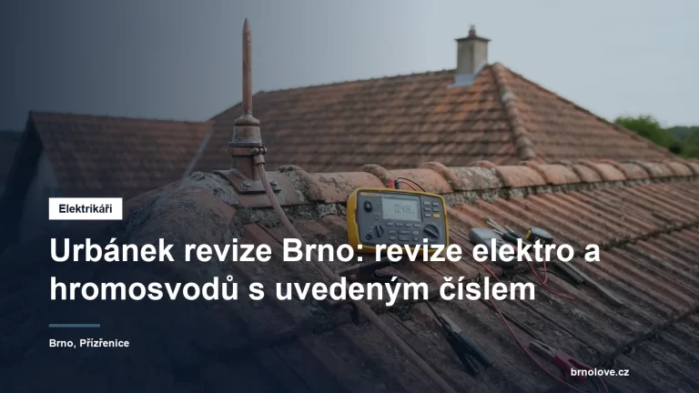 Revizní technik s měřicím přístrojem u jímací tyče hromosvodu na střeše rodinného domu
