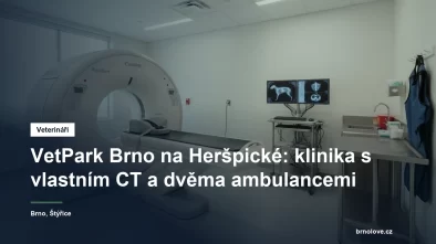 Vyšetřovna veterinární kliniky s počítačovým tomografem připraveným k vyšetření zvířecího pacienta