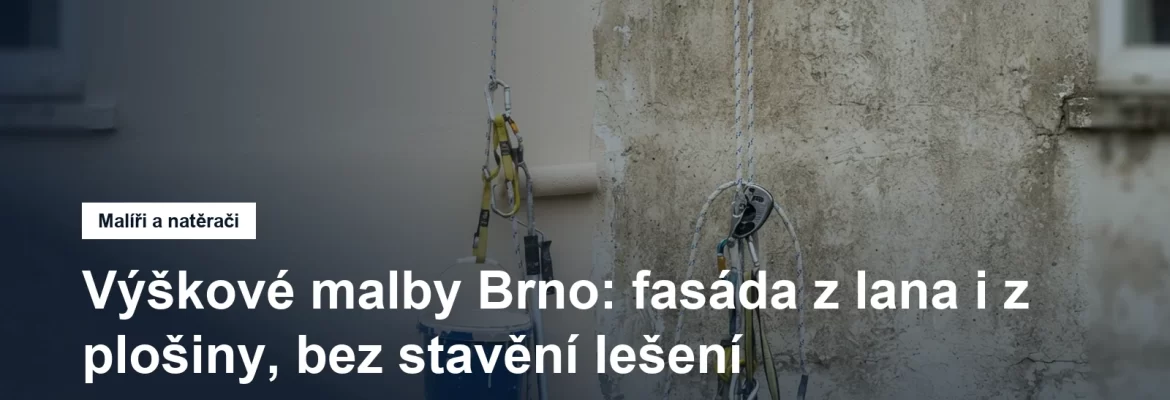 Nátěr fasády panelového domu z lanového přístupu, na stěně visí pracovní lana s brzdou a vedle nich kbelík s barvou a váleček na teleskopické tyči