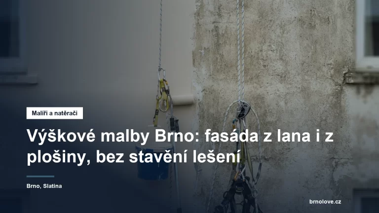 Nátěr fasády panelového domu z lanového přístupu, na stěně visí pracovní lana s brzdou a vedle nich kbelík s barvou a váleček na teleskopické tyči