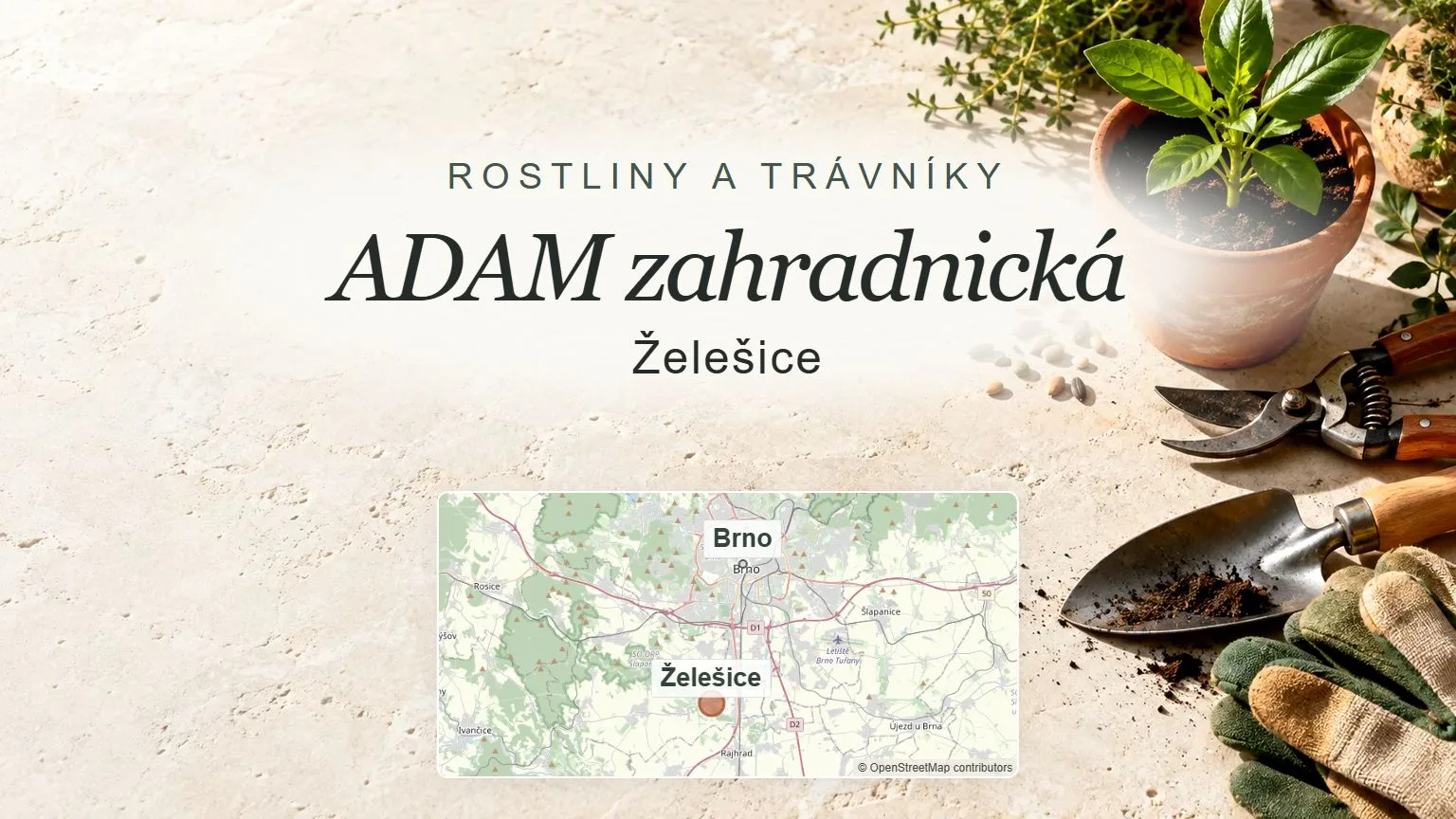 ADAM zahradnická, Želešice – obecný tematický motiv oboru a orientační mapa obce u Brna