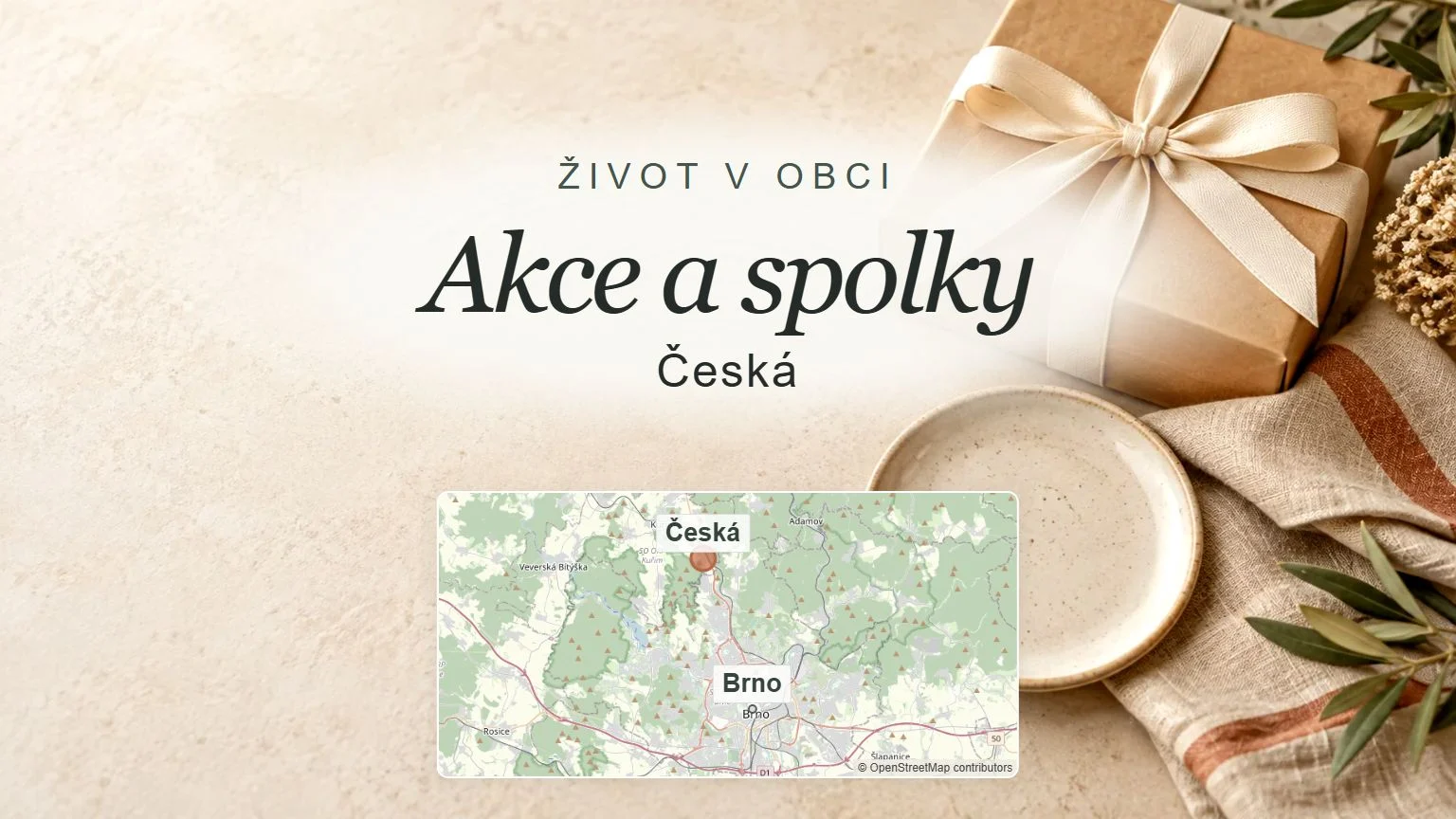 Akce a spolky, Česká – obecný tematický motiv oboru a orientační mapa obce u Brna