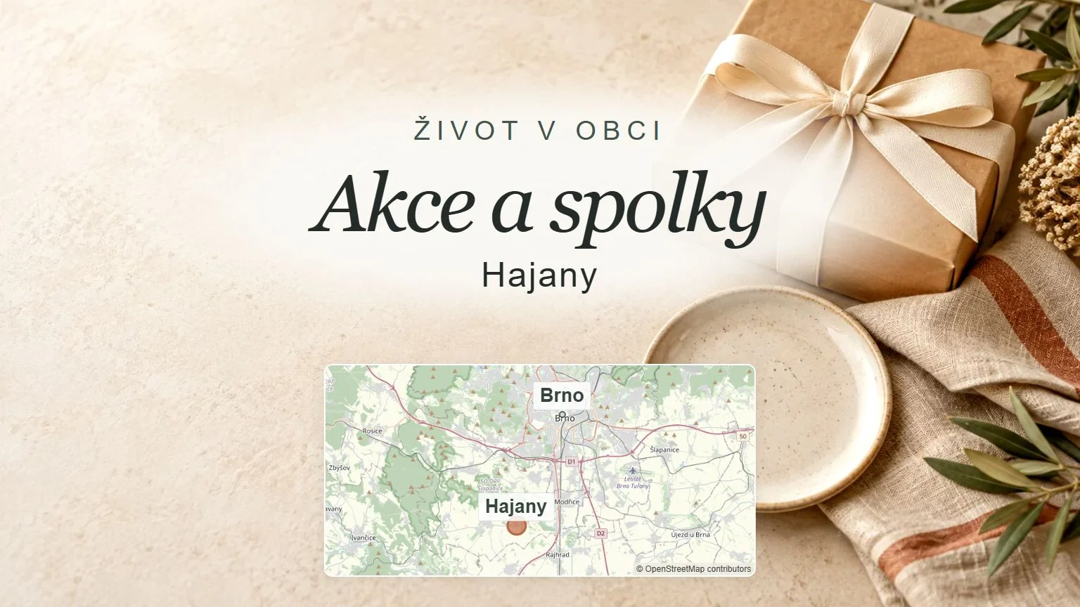 Akce a spolky, Hajany – obecný tematický motiv oboru a orientační mapa obce u Brna