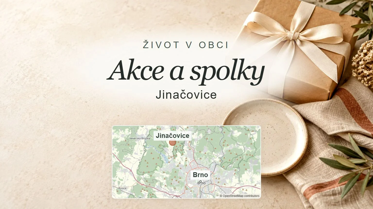 Akce a spolky, Jinačovice – obecný tematický motiv oboru a orientační mapa obce u Brna