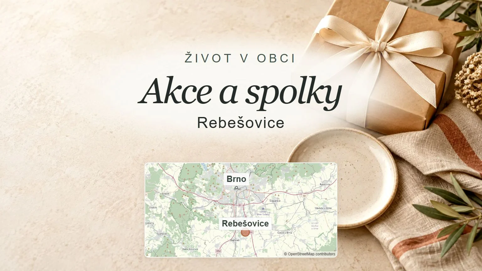 Akce a spolky, Rebešovice – obecný tematický motiv oboru a orientační mapa obce u Brna