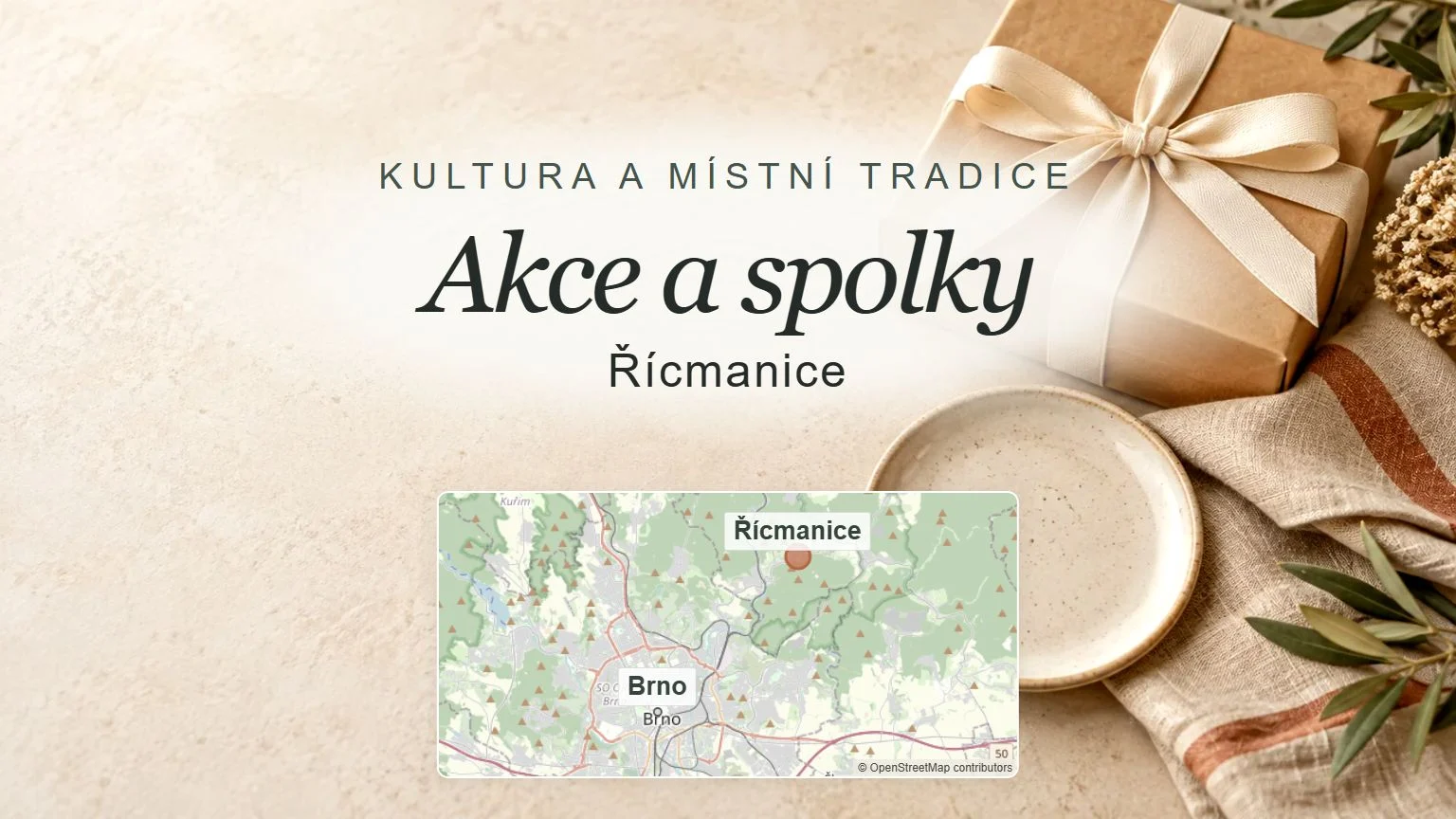 Akce a spolky, Řícmanice – obecný tematický motiv oboru a orientační mapa obce u Brna