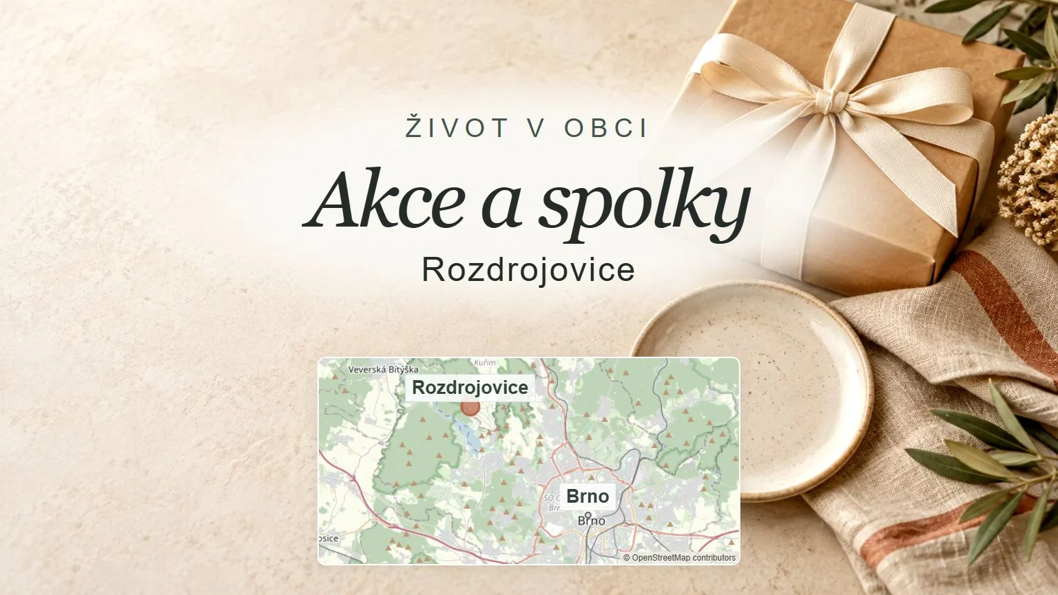 Akce a spolky, Rozdrojovice – obecný tematický motiv oboru a orientační mapa obce u Brna