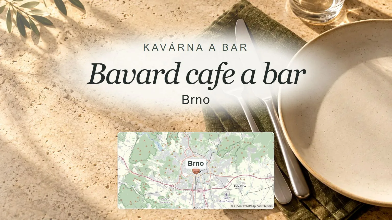 Bavard cafe a bar, Brno – obecný tematický motiv oboru a orientační mapa obce u Brna