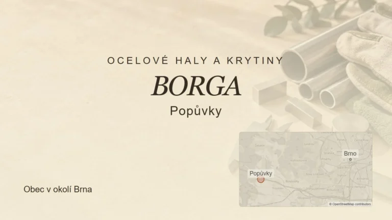 Ocelové haly a krytiny BORGA, Popůvky – tematický náhled s orientační mapou obce u Brna