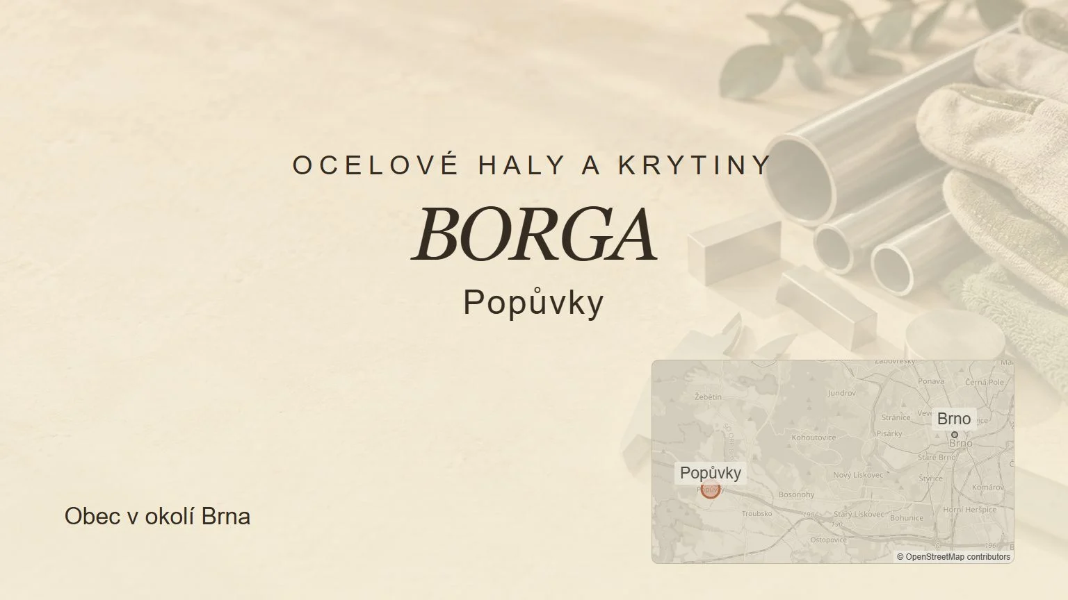 Ocelové haly a krytiny BORGA, Popůvky – tematický náhled s orientační mapou obce u Brna