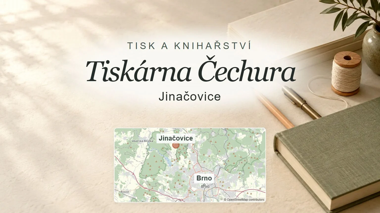 Tiskárna Čechura, Jinačovice – obecný tematický motiv oboru a orientační mapa obce u Brna
