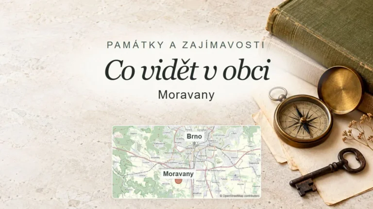Co vidět v obci, Moravany – obecný tematický motiv oboru a orientační mapa obce u Brna