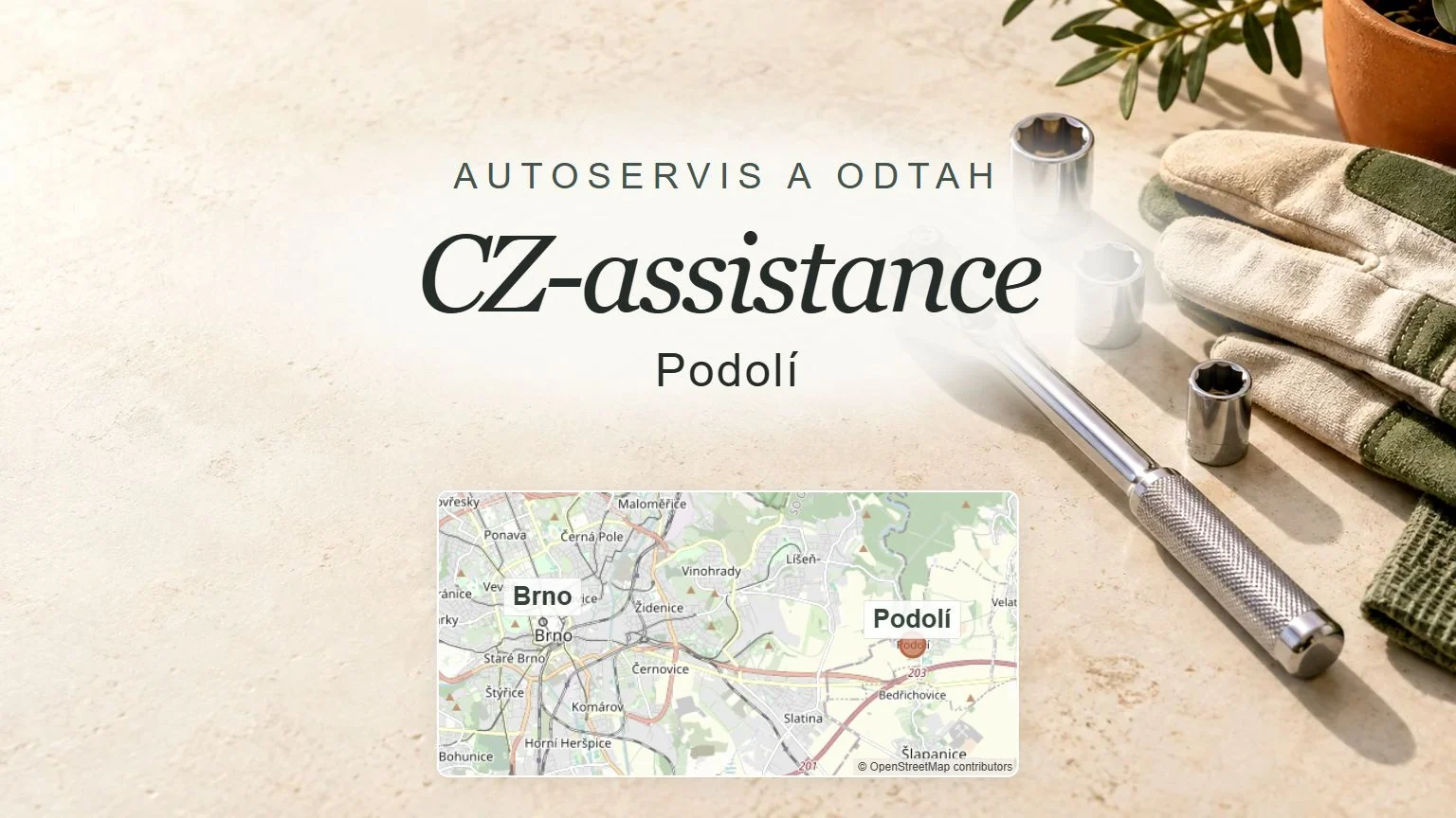 Autoservis a odtah CZ-assistance, Podolí – tematický náhled s orientační mapou obce u Brna