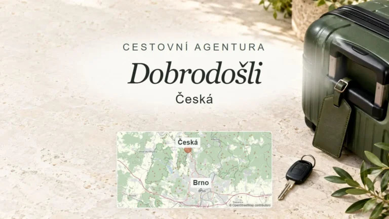 Dobrodošli, Česká – obecný tematický motiv oboru a orientační mapa obce u Brna