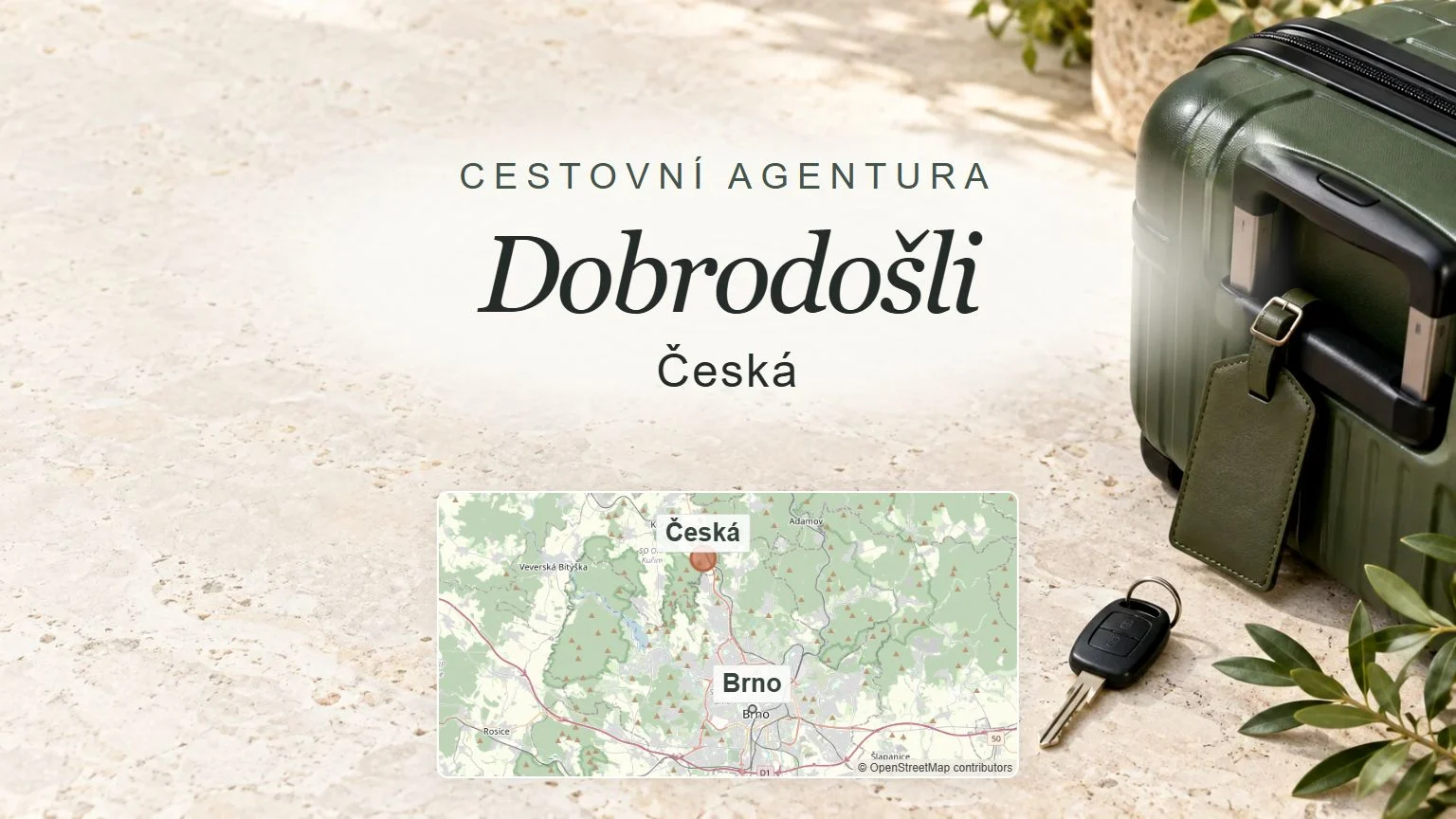 Dobrodošli, Česká – obecný tematický motiv oboru a orientační mapa obce u Brna