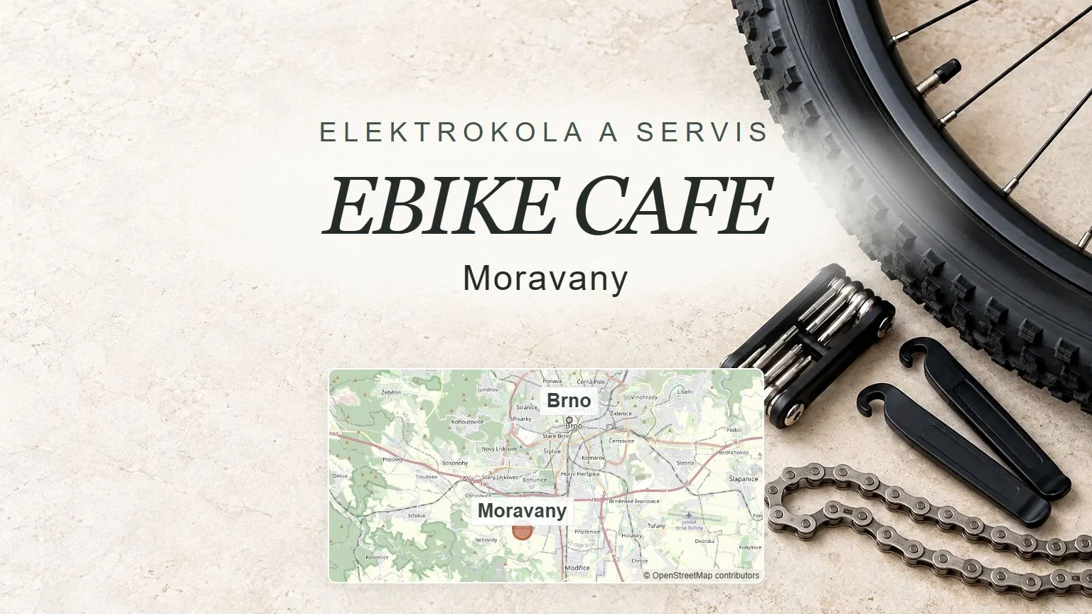 EBIKE CAFE, Moravany – obecný tematický motiv oboru a orientační mapa obce u Brna