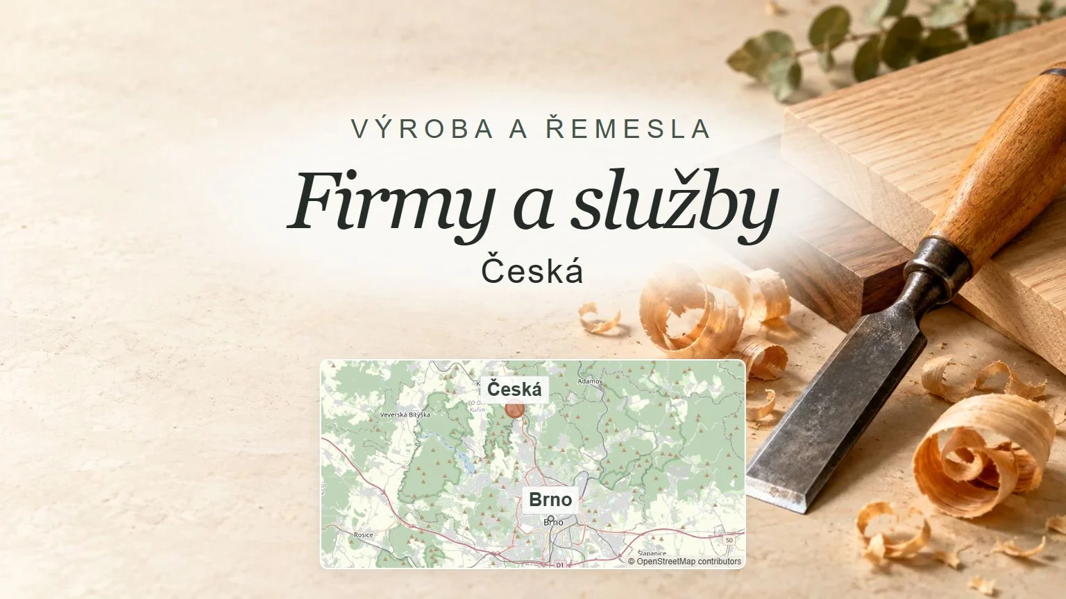 Firmy a služby, Česká – obecný tematický motiv oboru a orientační mapa obce u Brna