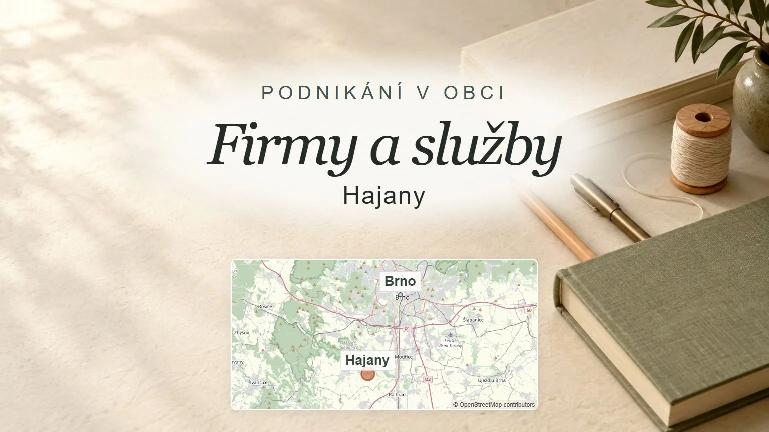 Firmy a služby, Hajany – obecný tematický motiv oboru a orientační mapa obce u Brna