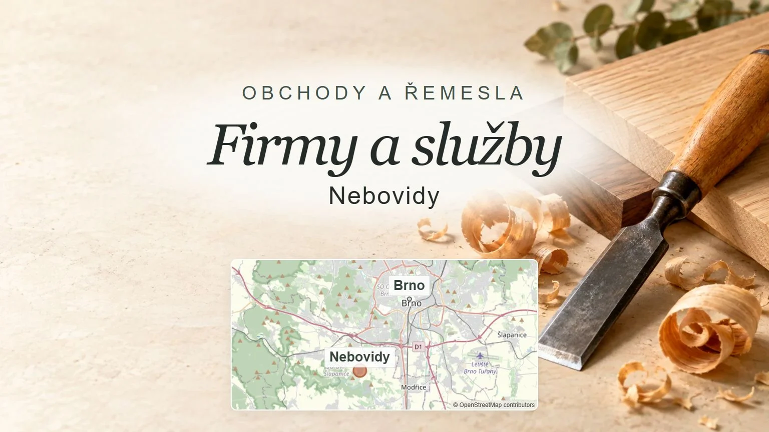 Firmy a služby, Nebovidy – obecný tematický motiv oboru a orientační mapa obce u Brna