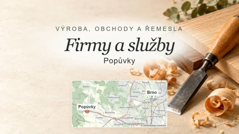 Firmy a služby, Popůvky – obecný tematický motiv oboru a orientační mapa obce u Brna