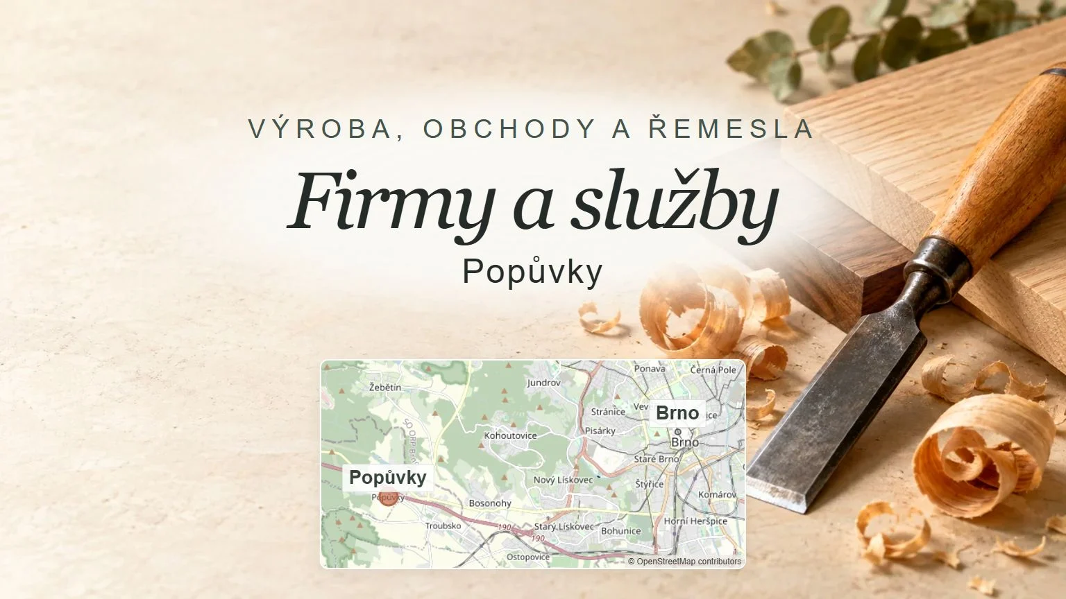 Firmy a služby, Popůvky – obecný tematický motiv oboru a orientační mapa obce u Brna