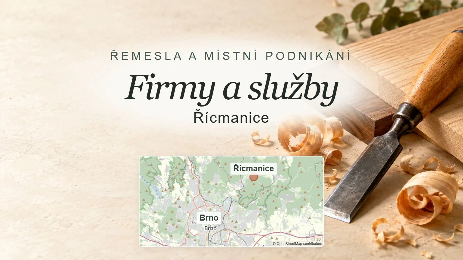 Firmy a služby, Řícmanice – obecný tematický motiv oboru a orientační mapa obce u Brna