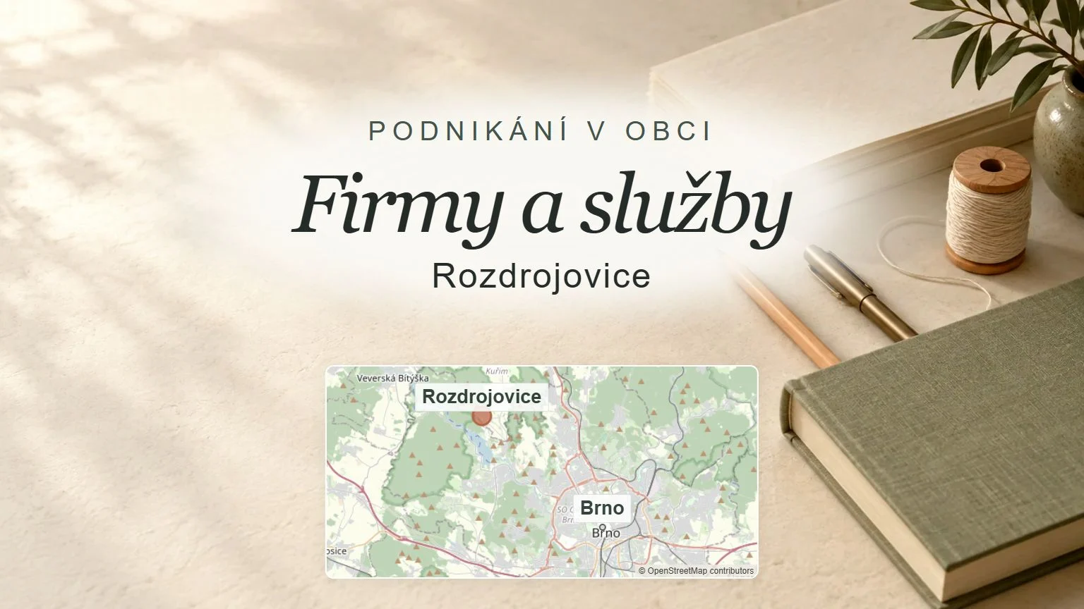 Firmy a služby, Rozdrojovice – obecný tematický motiv oboru a orientační mapa obce u Brna